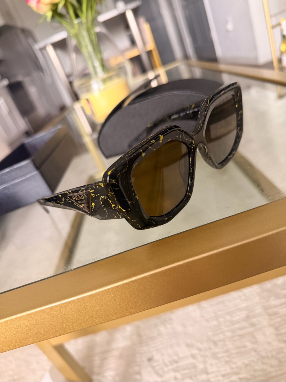 Prada Black Sunglasses with Yellow Marbled Accents - Picture 4 of 9